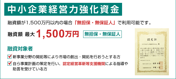 中小企業経営力強化資金 無担保・無保証人で最大1500万円